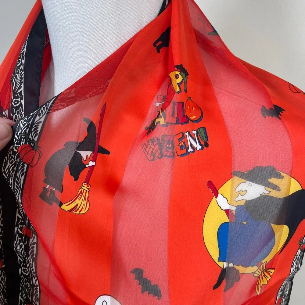 Vintage Halloween Scarf Women Orange Black Cat Witch Pumpkin Ghost Sheer Chiffon
